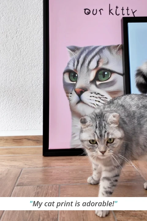 cat and framed pet portrait with the text 'My cat print is adorable!'